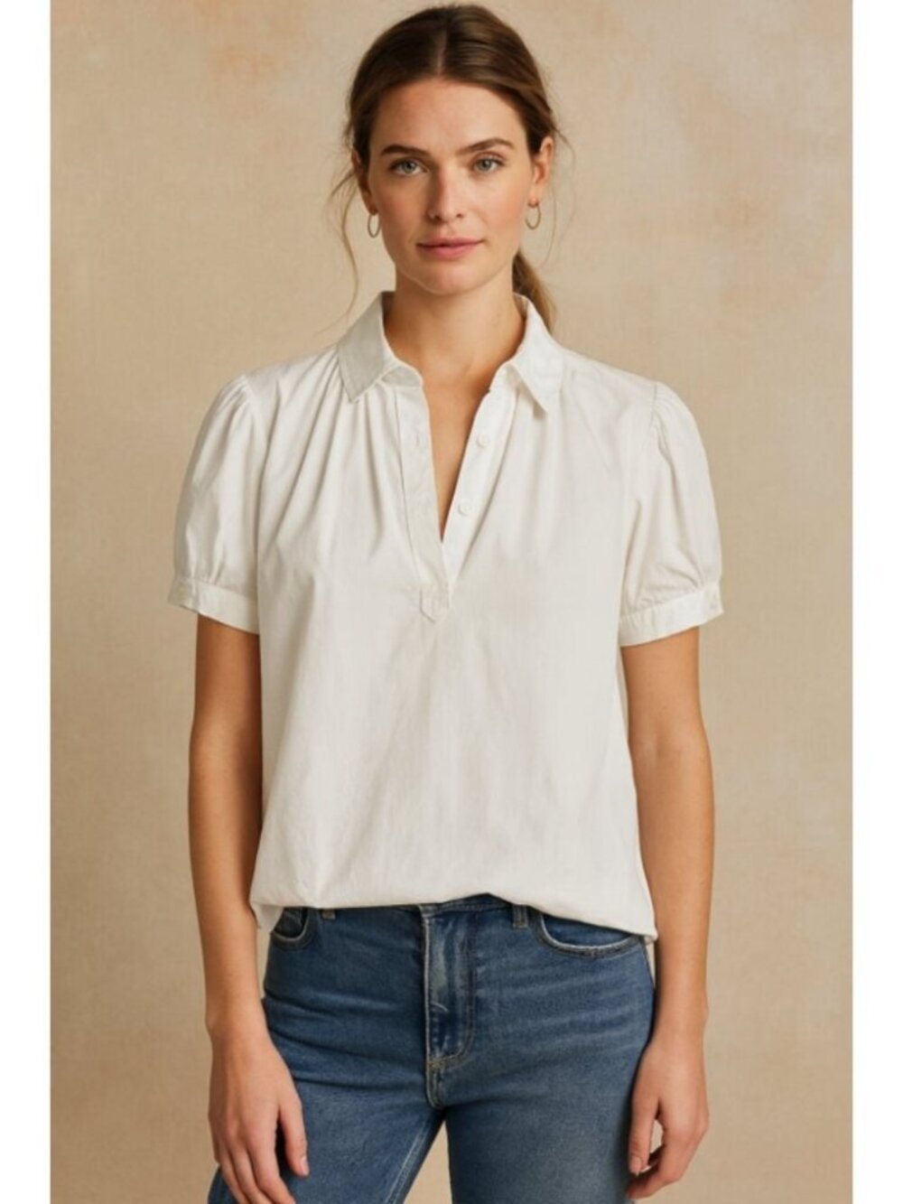 Tory Burch White 100% Cotton Short Puff Sleeve Blouse SZ 8 Classic Button Front